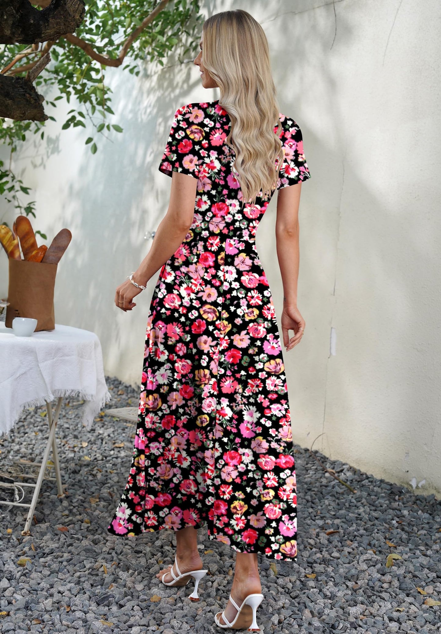 AUSELILY Maxi Dresses for Women Ankle Length Floral Print Beach Long Flowy Dress with Pockets