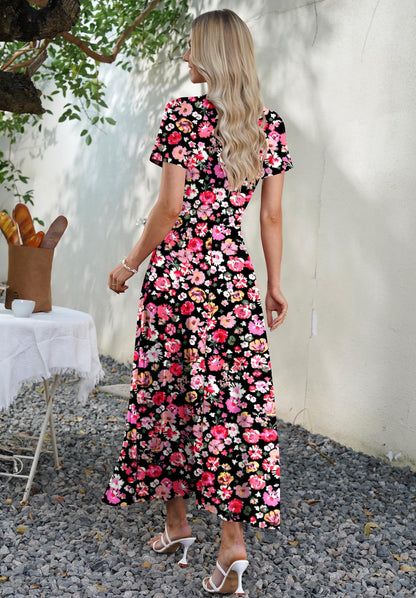 AUSELILY Maxi Dresses for Women Ankle Length Floral Print Beach Long Flowy Dress with Pockets