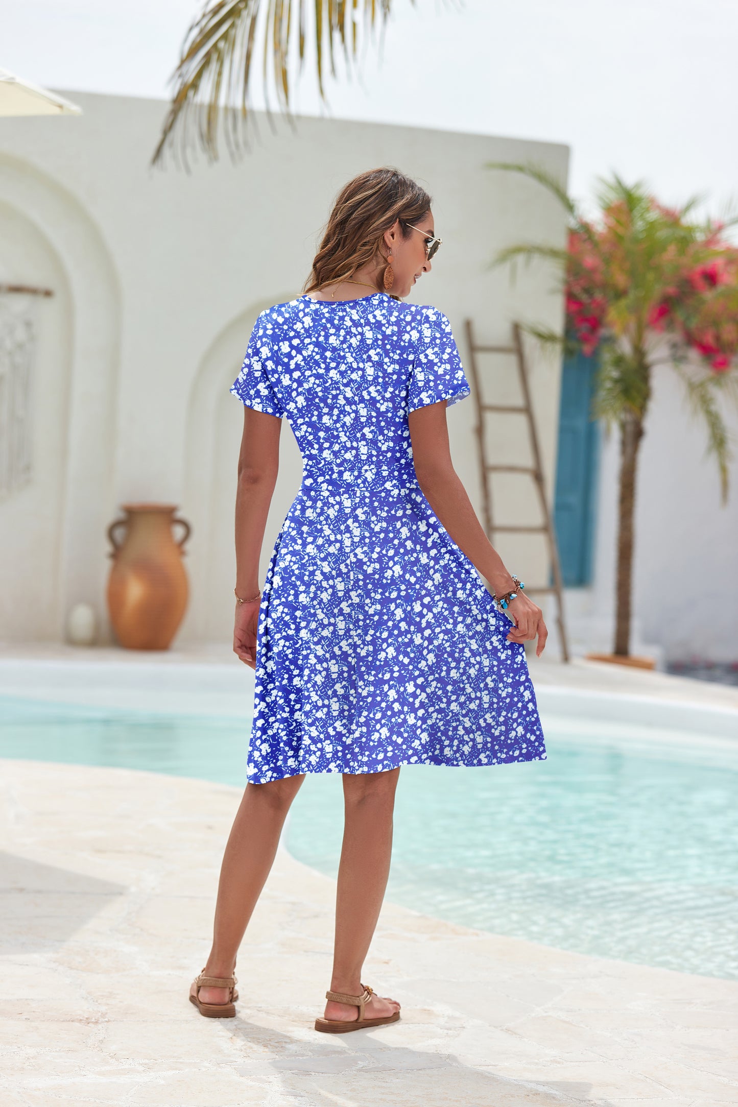 AUSELILY Womens Short Sleeve V Neck Floral Sundress with Pockets