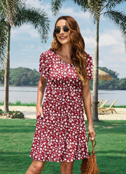AUSELILY T Shirt Crewneck Petal Sleeve Swing Vacation Dress with Pockets