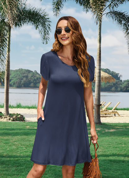 AUSELILY T Shirt Crewneck Petal Sleeve Swing Vacation Dress with Pockets