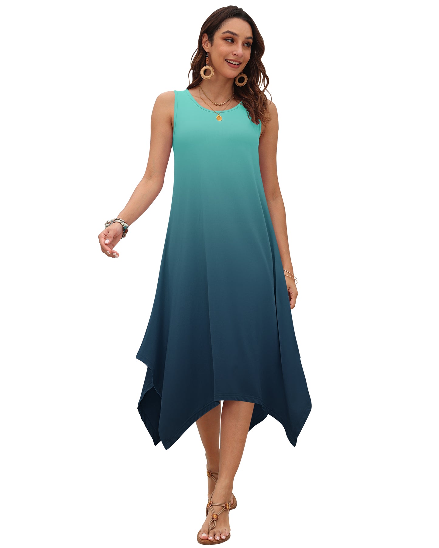 AUSELILY Women's Casual Sleeveless Sundress Asymmetrical Hem Midi Tank Beach Dress