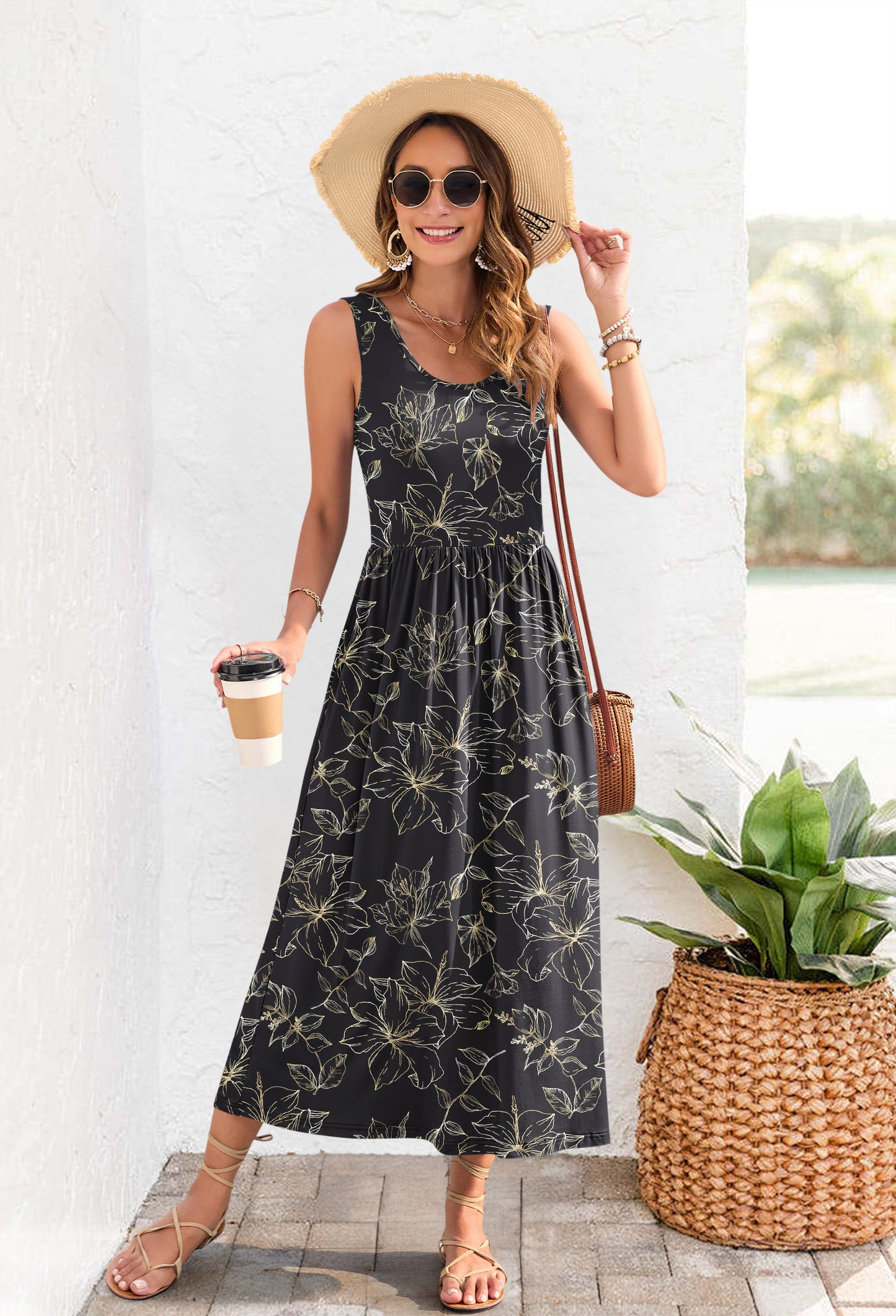 AUSELILY Casual Sleeveless Hawaiian Sundress Tropical Long Dress 
