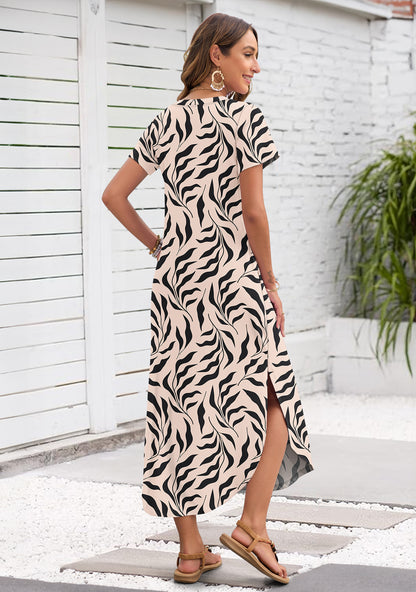 AUSELILY Women's Maxi Dress V Neck Split Long Beach T Shirt Dress