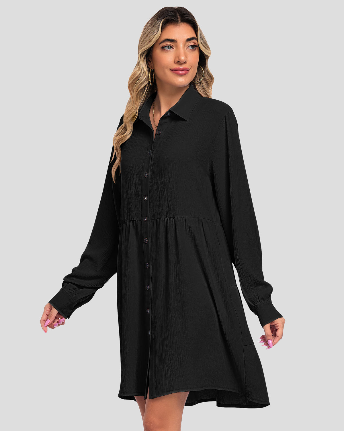 USELILY black babydoll mini dress with a V-neck, button front, gathered skirt, and long sleeves