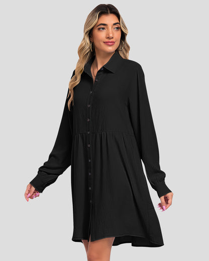 USELILY black babydoll mini dress with a V-neck, button front, gathered skirt, and long sleeves