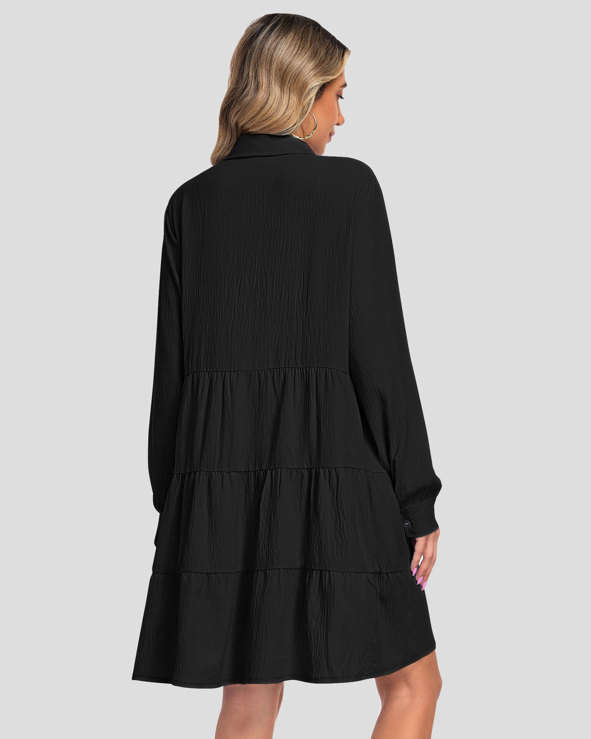 Back view of an AUSELILY black long-sleeve babydoll mini dress