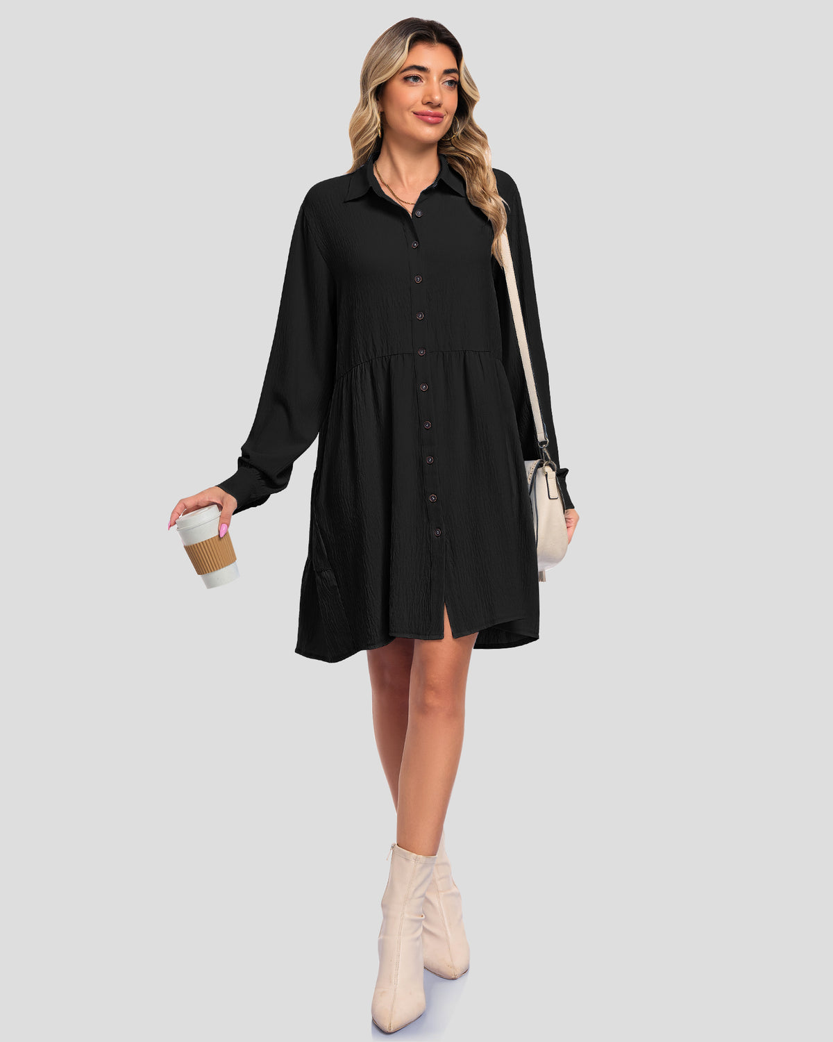 USELILY black babydoll mini dress with a V-neck, button front, gathered skirt, and long sleeves