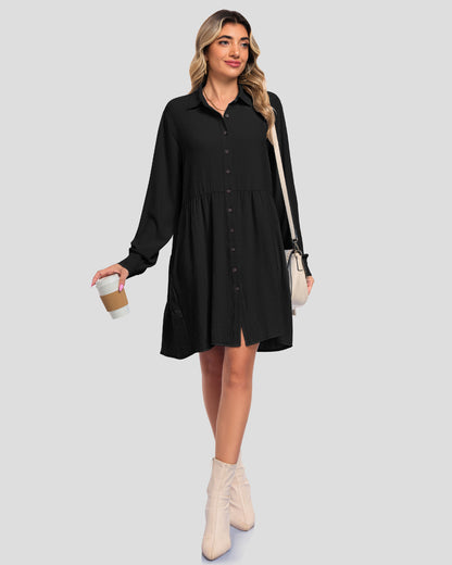 USELILY black babydoll mini dress with a V-neck, button front, gathered skirt, and long sleeves