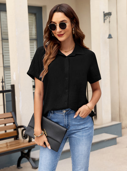 AUSELILY Women's Short Sleeve Button Down Shirt - Collared V Neck Work Casual Blouse