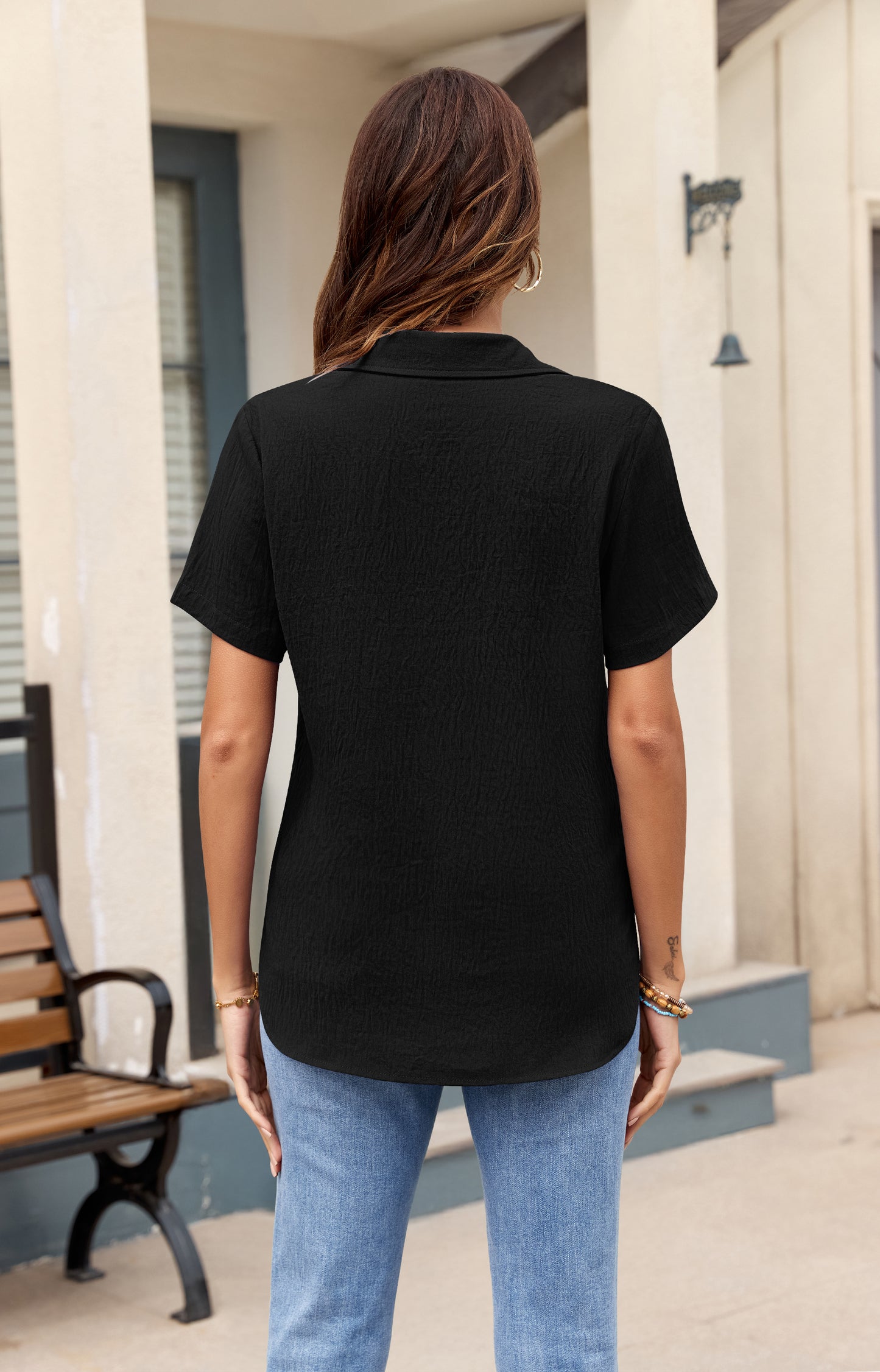 AUSELILY Women's Short Sleeve Button Down Shirt - Collared V Neck Work Casual Blouse