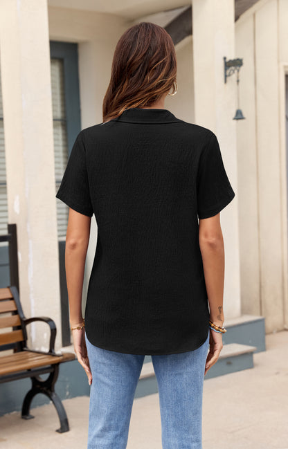 AUSELILY Women's Short Sleeve Button Down Shirt - Collared V Neck Work Casual Blouse
