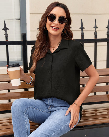 AUSELILY Women's Short Sleeve Button Down Shirt - Collared V Neck Work Casual Blouse