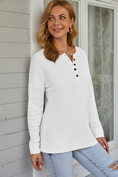 AUSELILY Women's Waffle Knit Henley Tunic Top - Long Sleeve V Neck Button Pullover