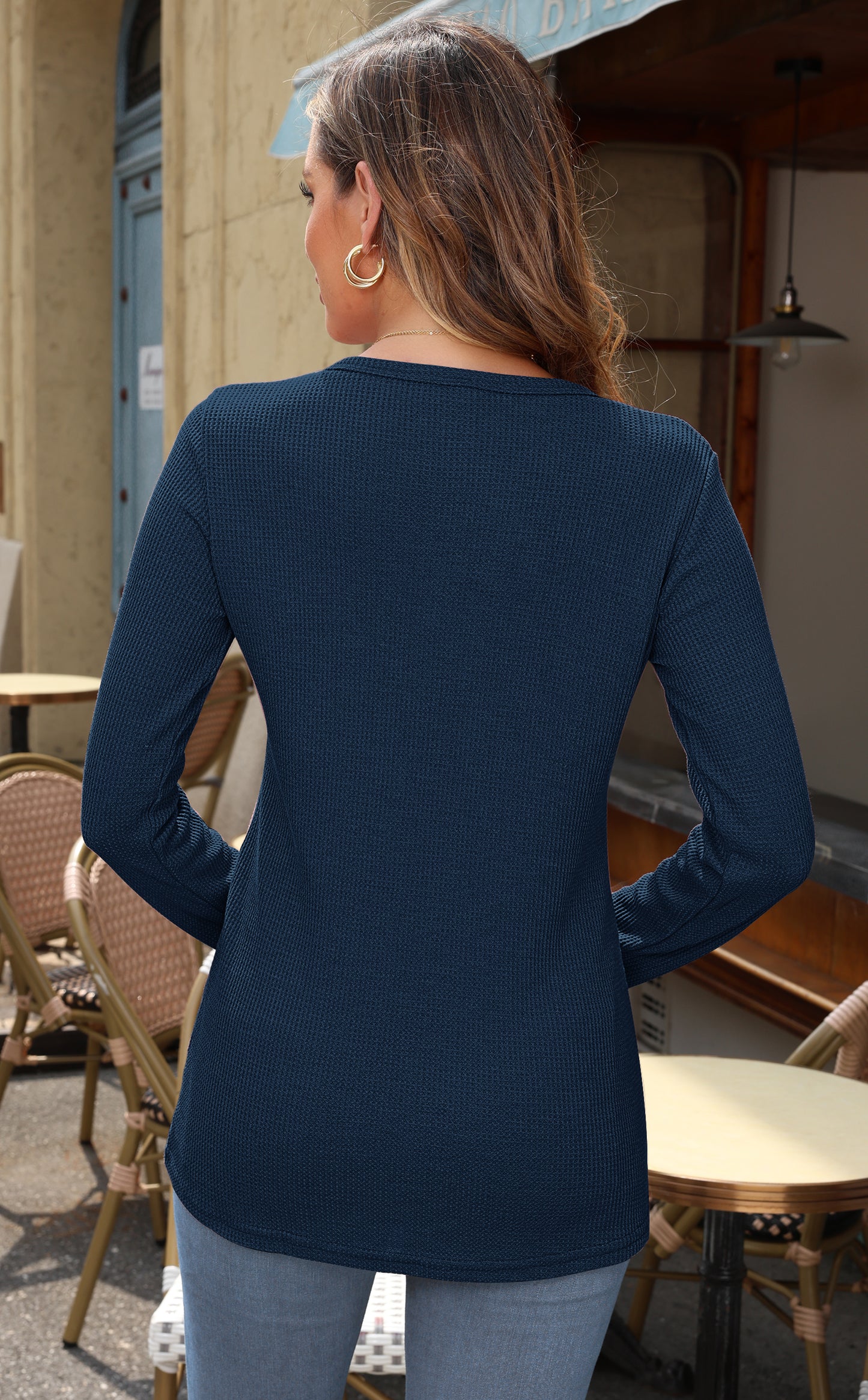 Back view of AUSELILY women's waffle knit henley long sleeve top in beige