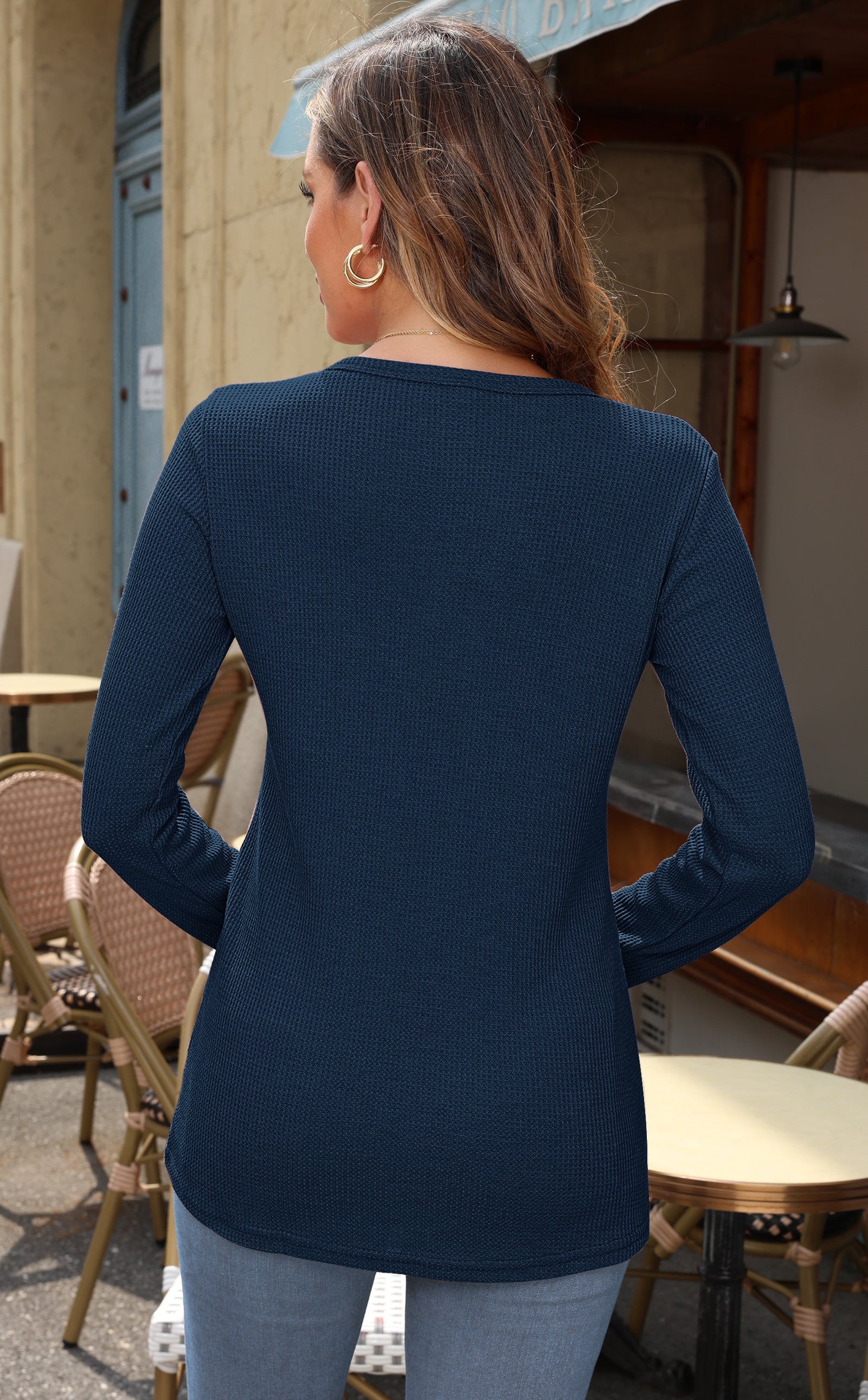 Back view of AUSELILY women's waffle knit henley long sleeve top in beige