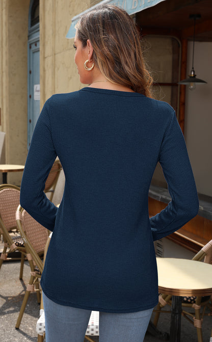 Back view of AUSELILY women's waffle knit henley long sleeve top in beige