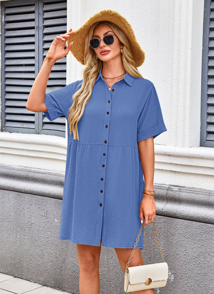 AUSELILY Women's Summer Babydoll Short Sleeve Sundress Button Down Dresses with Pockets