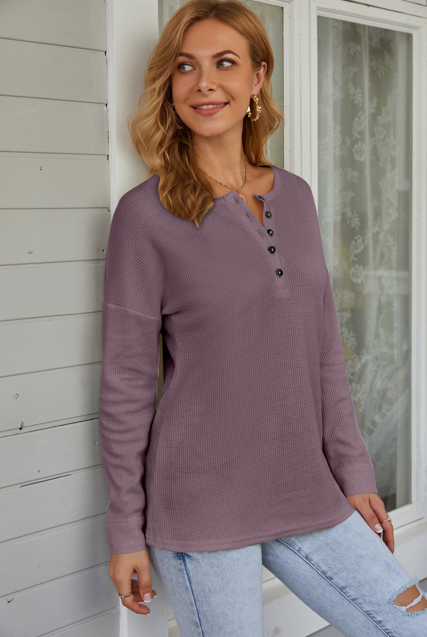 AUSELILY Women's Waffle Knit Henley Tunic Top - Long Sleeve V Neck Button Pullover