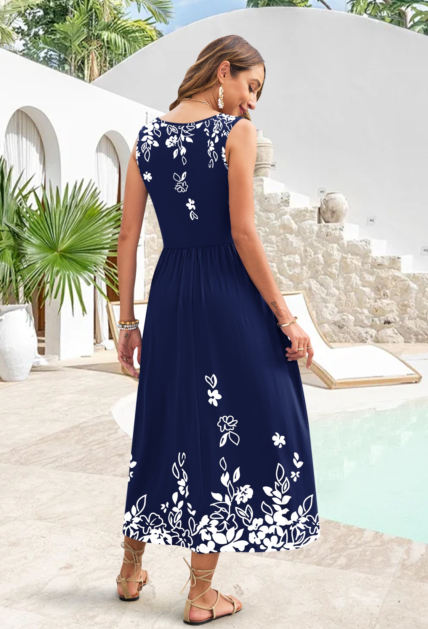 AUSELILY Casual Sleeveless Hawaiian Sundress Tropical Long Dress 
