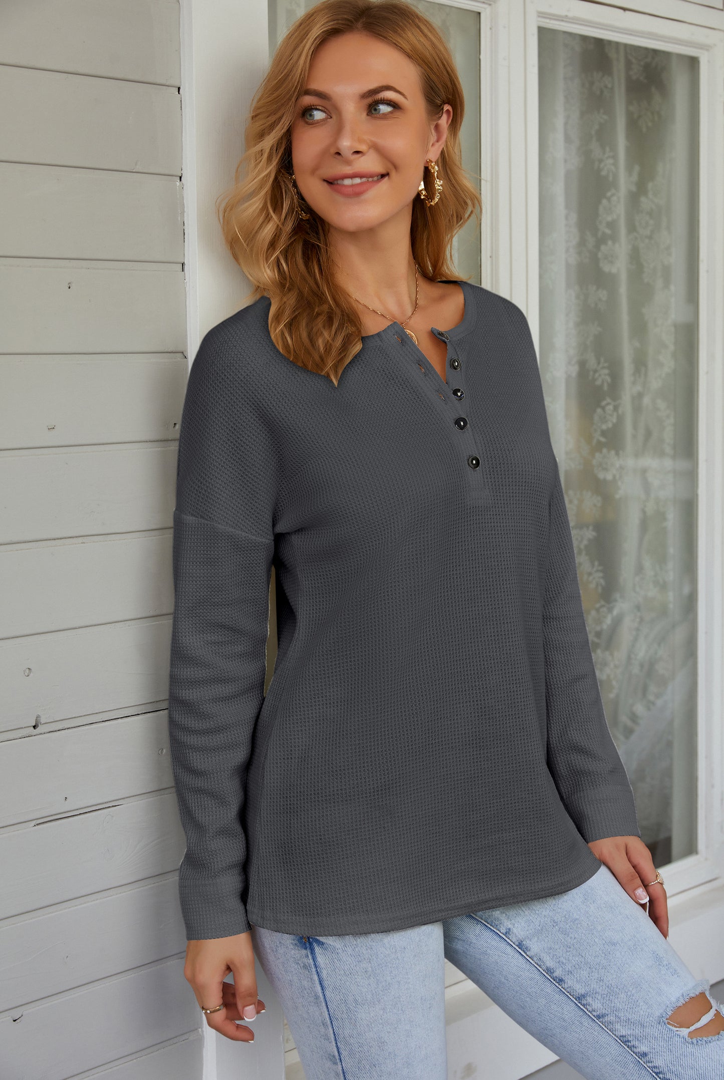 AUSELILY Women's Waffle Knit Henley Tunic Top - Long Sleeve V Neck Button Pullover