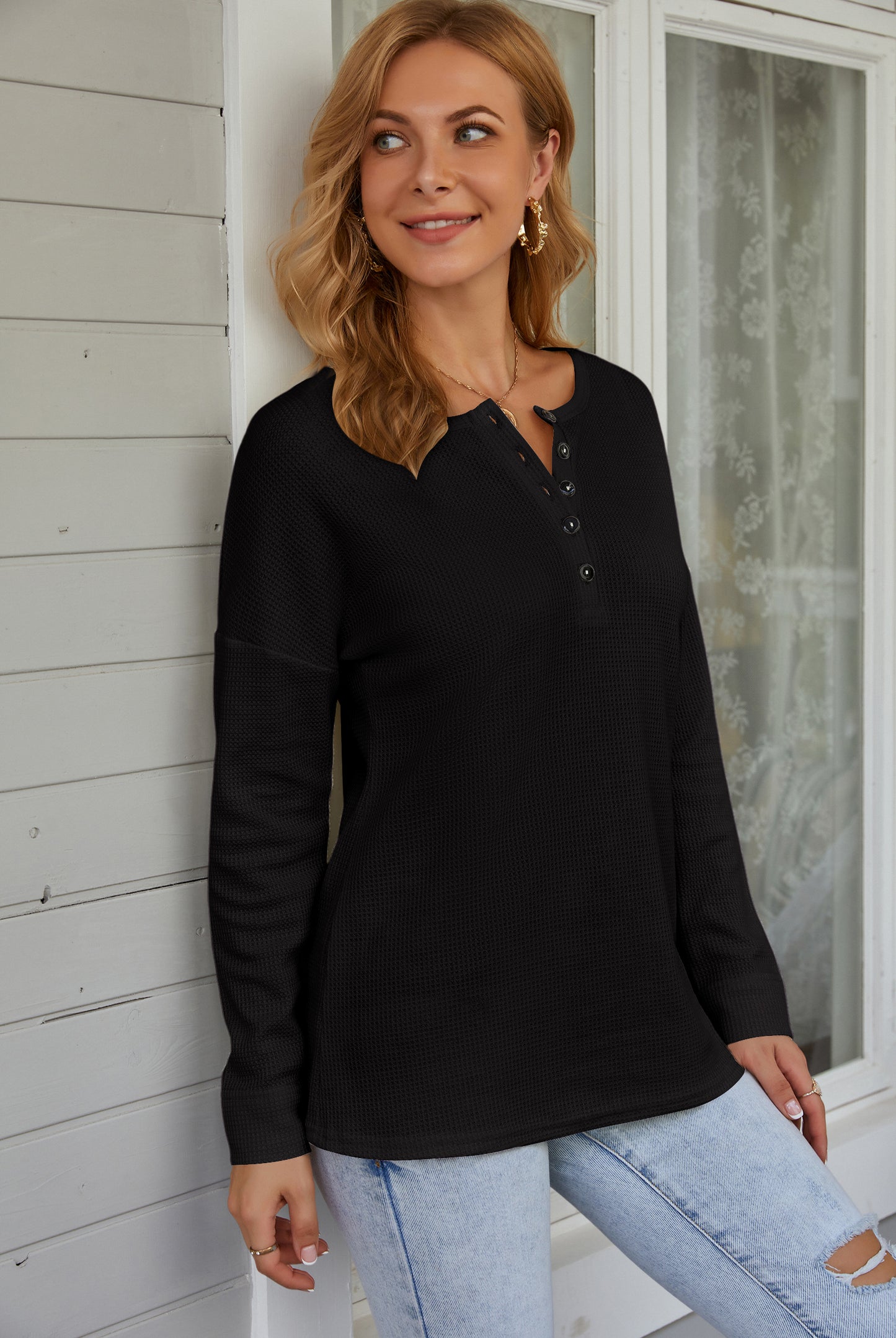 AUSELILY Women's Waffle Knit Henley Tunic Top - Long Sleeve V Neck Button Pullover