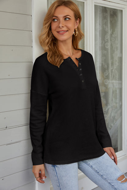 AUSELILY Women's Waffle Knit Henley Tunic Top - Long Sleeve V Neck Button Pullover