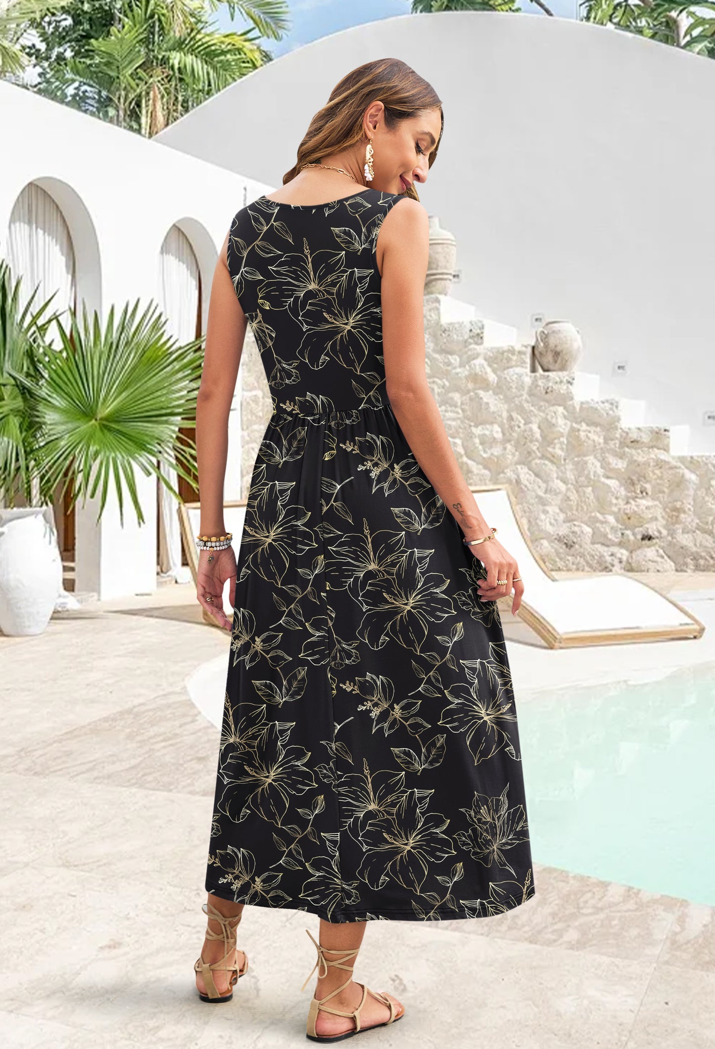 AUSELILY Casual Sleeveless Hawaiian Sundress Tropical Long Dress 