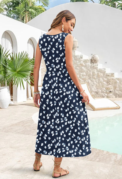 AUSELILY Casual Sleeveless Hawaiian Sundress Tropical Long Dress 