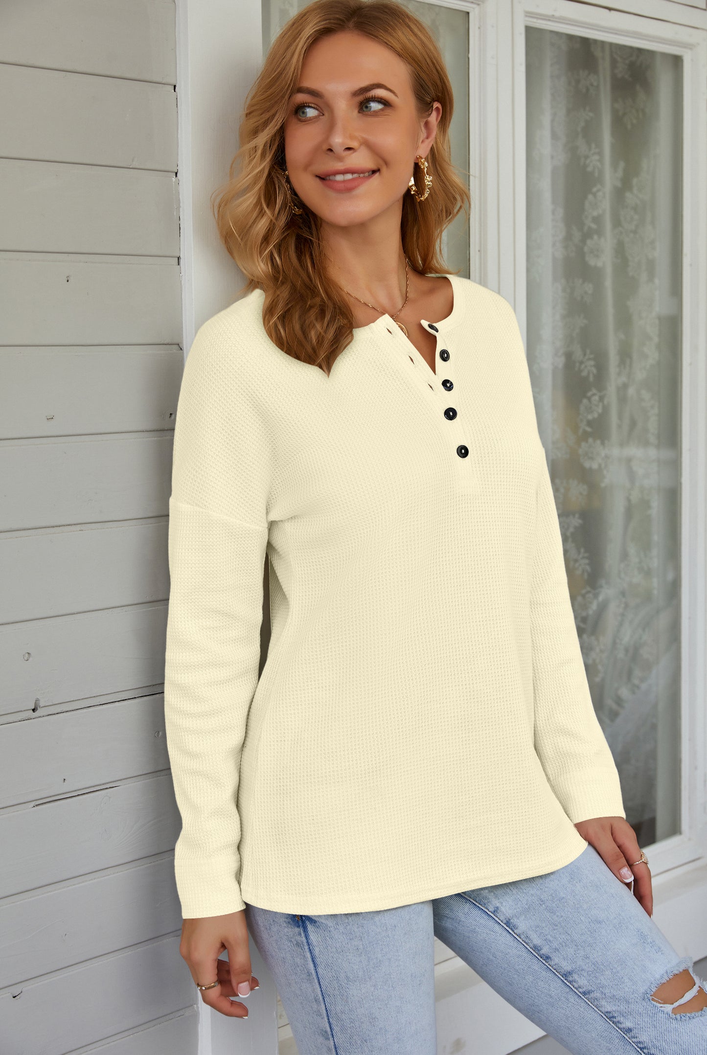 AUSELILY Women's Waffle Knit Henley Tunic Top - Long Sleeve V Neck Button Pullover