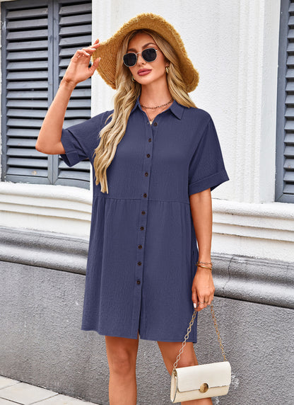 AUSELILY Women's Summer Babydoll Short Sleeve Sundress Button Down Dresses with Pockets