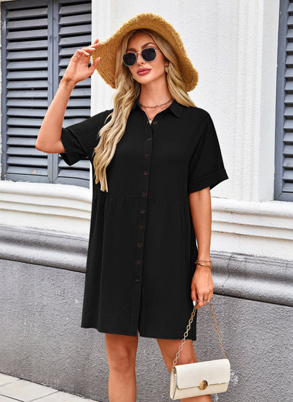 AUSELILY Women's Summer Babydoll Short Sleeve Sundress Button Down Dresses with Pockets