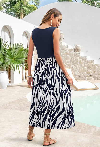 AUSELILY Casual Sleeveless Hawaiian Sundress Tropical Long Dress 
