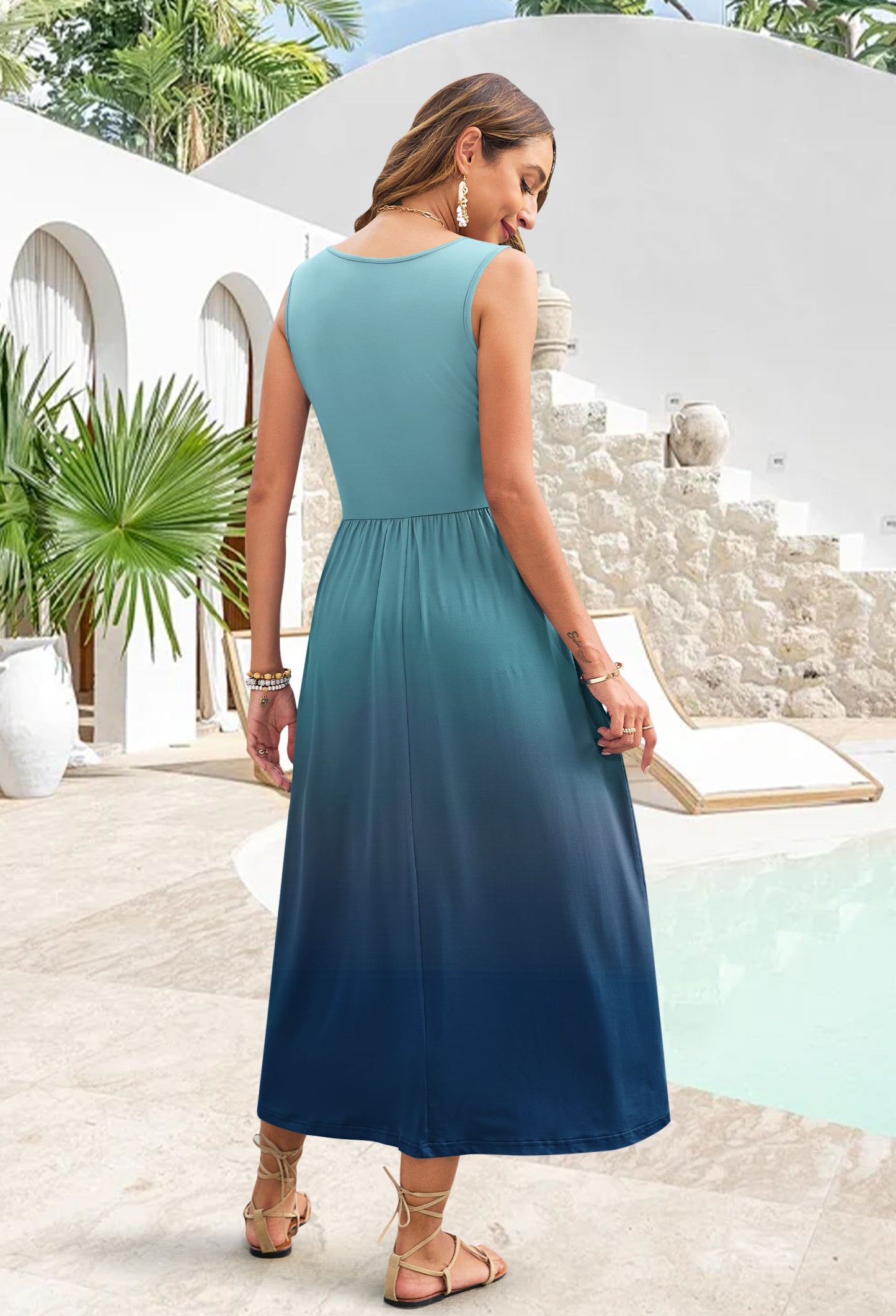 AUSELILY Casual Sleeveless Hawaiian Sundress Tropical Long Dress 