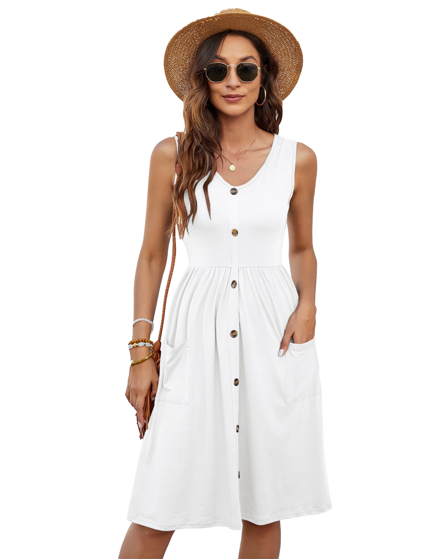 AUSELILY Women Swing Button Down Midi Dress with Pockets