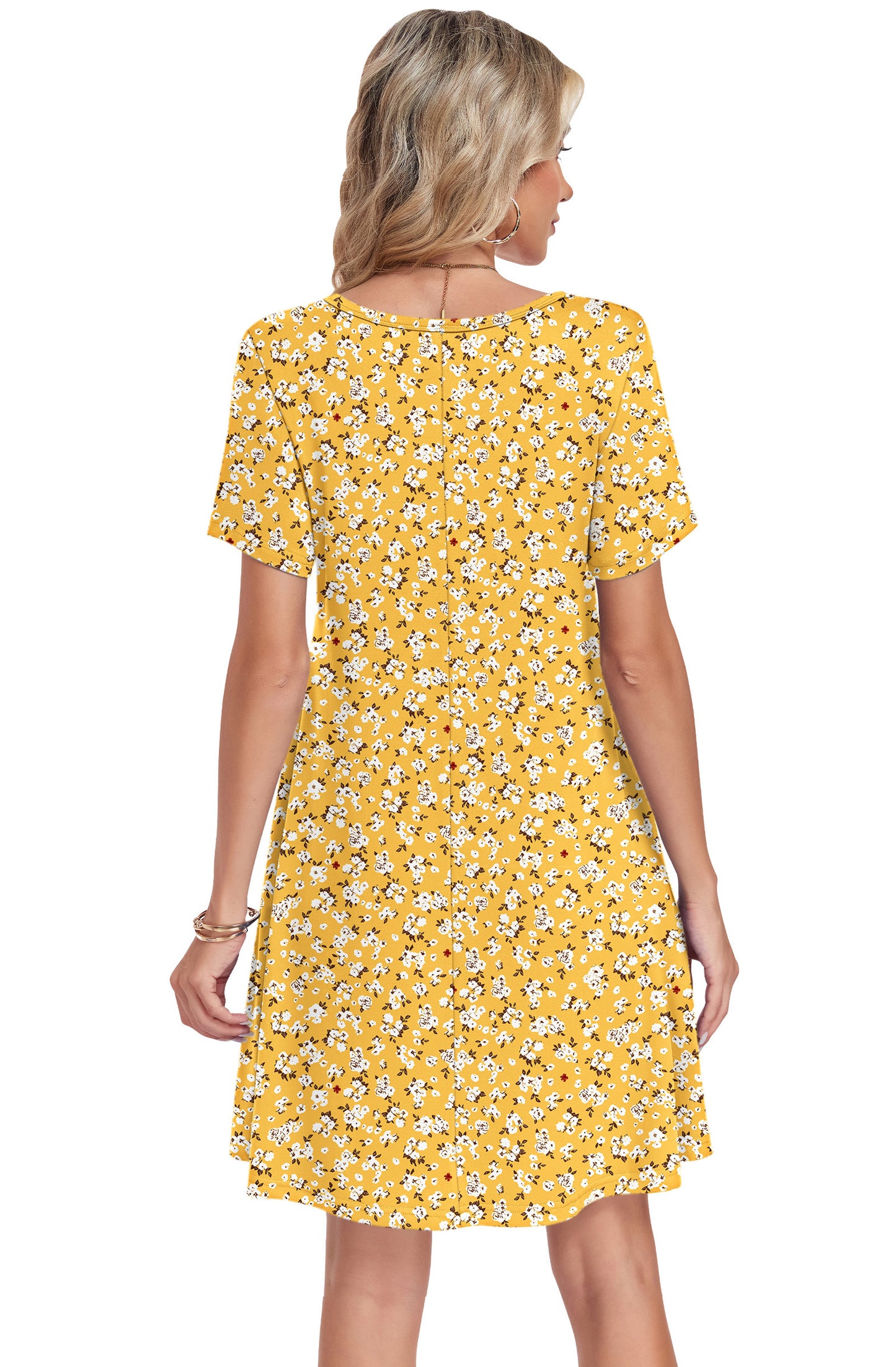 AUSELILY Tshirt Dress Women Swing Floral Short Sleeve V Neck Vacation Beach Mini Dress with Pockets