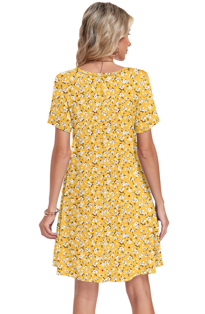 AUSELILY Tshirt Dress Women Swing Floral Short Sleeve V Neck Vacation Beach Mini Dress with Pockets
