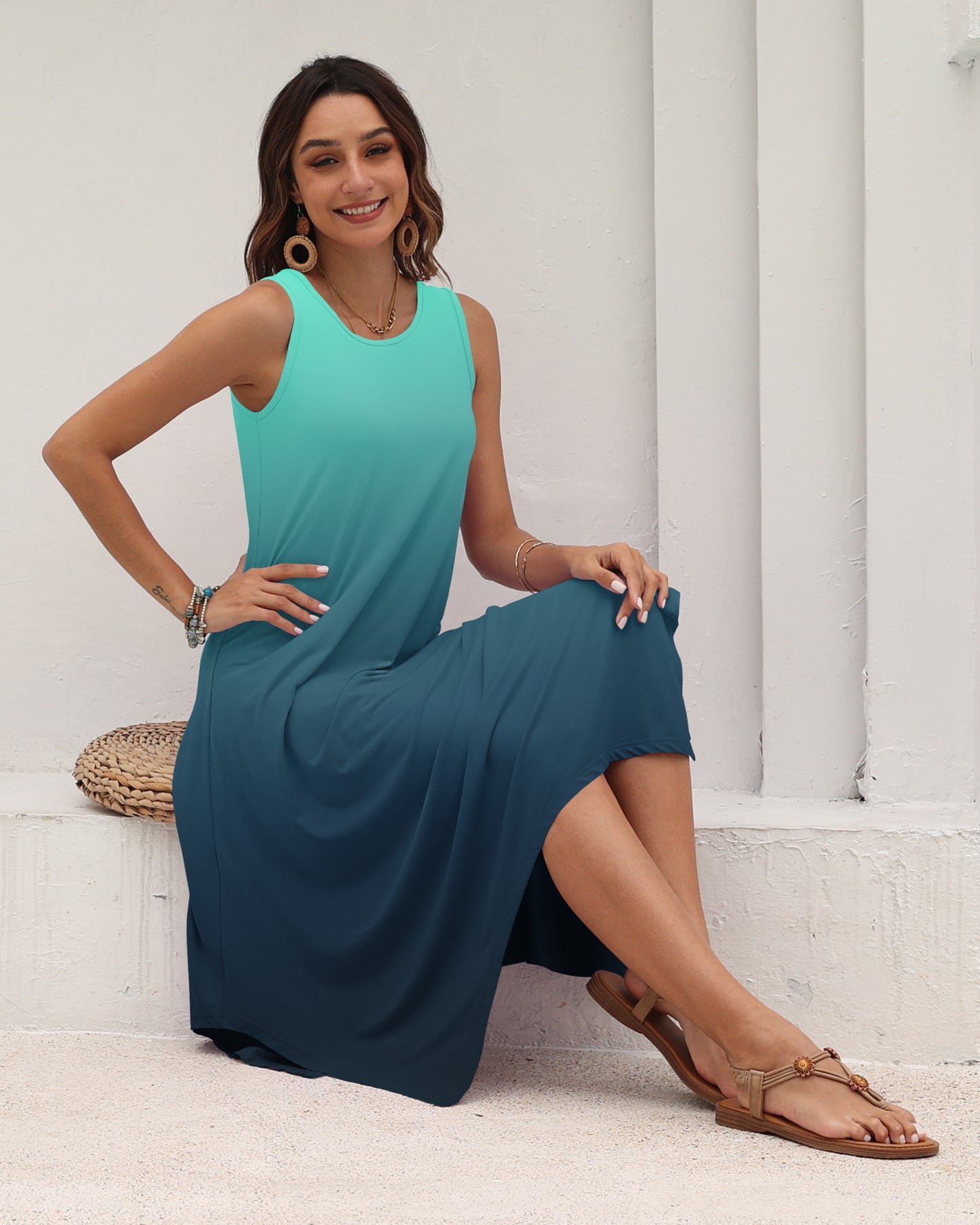 AUSELILY Women's Casual Sleeveless Sundress Asymmetrical Hem Midi Tank Beach Dress