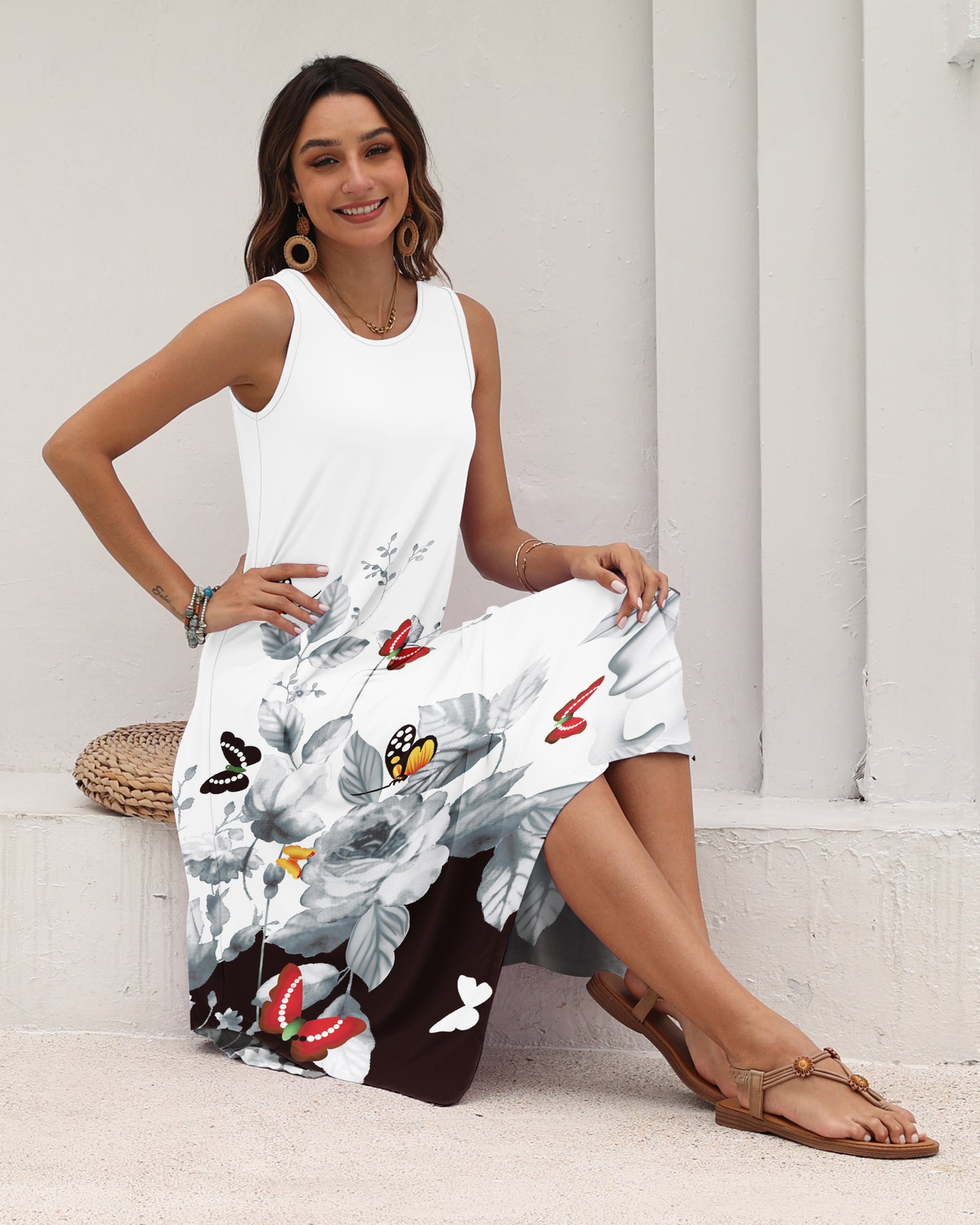 AUSELILY Women's Casual Sleeveless Sundress Asymmetrical Hem Midi Tank Beach Dress