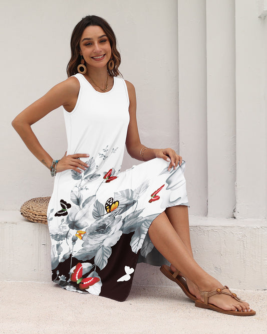AUSELILY Women's Casual Sleeveless Sundress Asymmetrical Hem Midi Tank Beach Dress