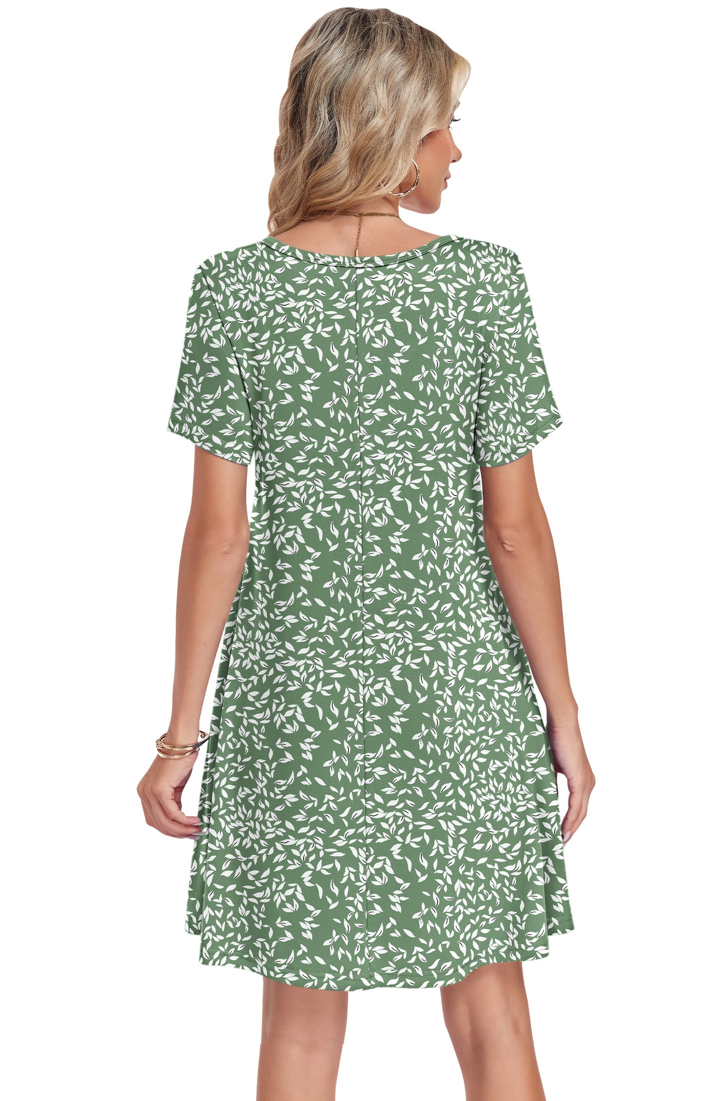 AUSELILY Tshirt Dress Women Swing Floral Short Sleeve V Neck Vacation Beach Mini Dress with Pockets