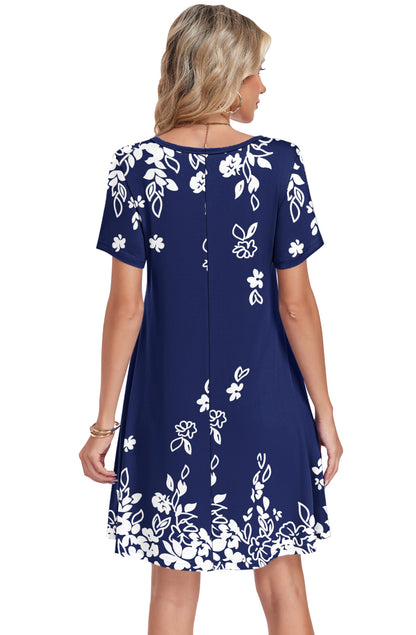AUSELILY Tshirt Dress Women Swing Floral Short Sleeve V Neck Vacation Beach Mini Dress with Pockets