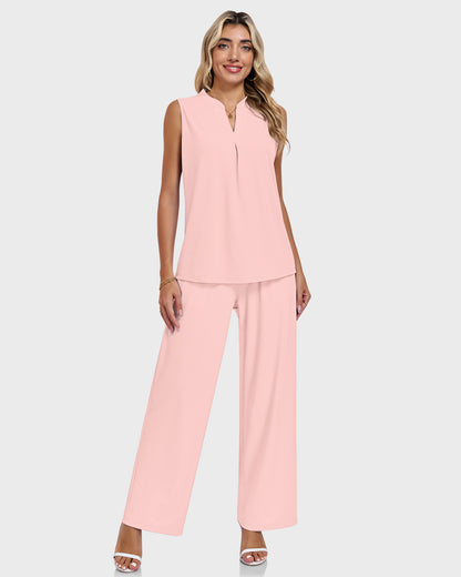 AUSELILY Waffle Knit  V Neck Sleeveless Drawstring Matching Sets