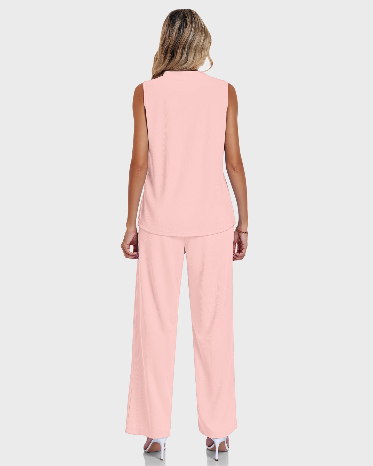 AUSELILY Waffle Knit  V Neck Sleeveless Drawstring Matching Sets