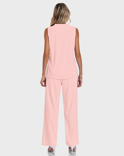 AUSELILY Waffle Knit  V Neck Sleeveless Drawstring Matching Sets