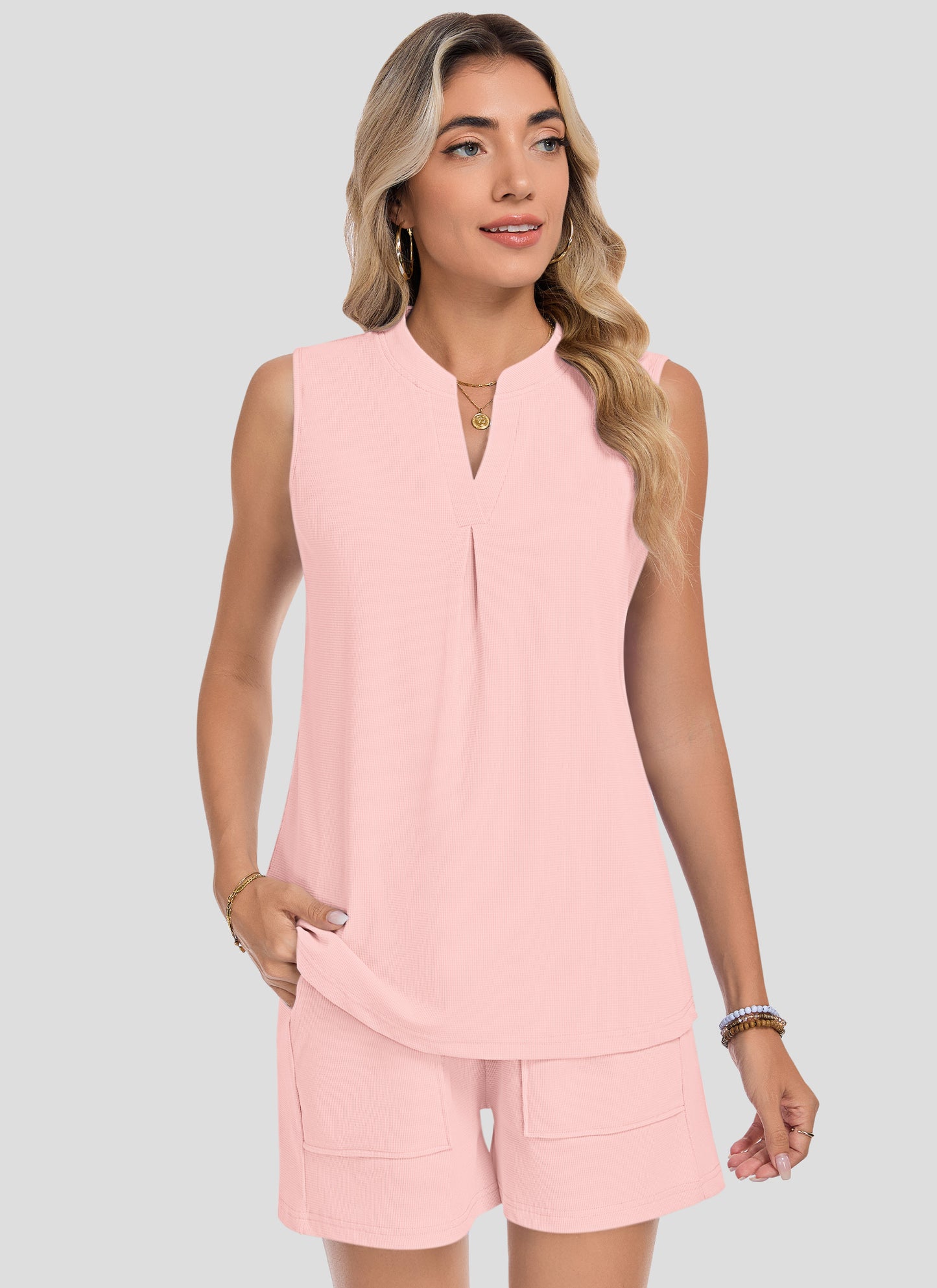 AUSELILY Two Piece Sets Waffle V Neck Sleeveless Sets 