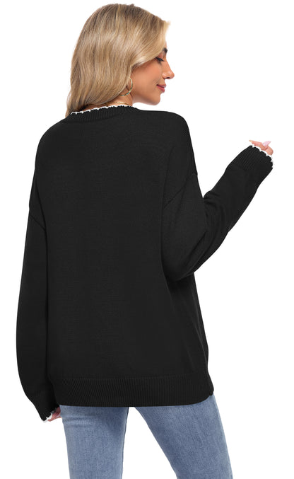 Back view of an AUSELILY black long-sleeve sardine knit sweater