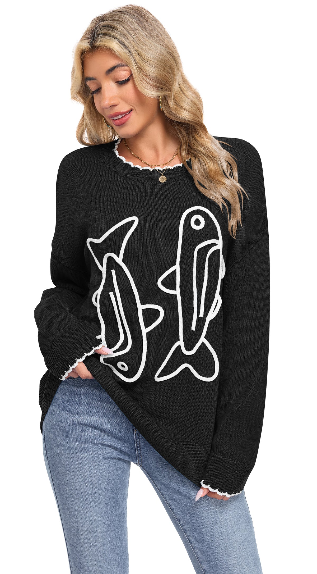AUSELILY Women's Cord Embroidered Sardine Sweater - Long Sleeve Crewneck Knit Pullover