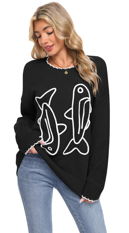 AUSELILY Women's Cord Embroidered Sardine Sweater - Long Sleeve Crewneck Knit Pullover