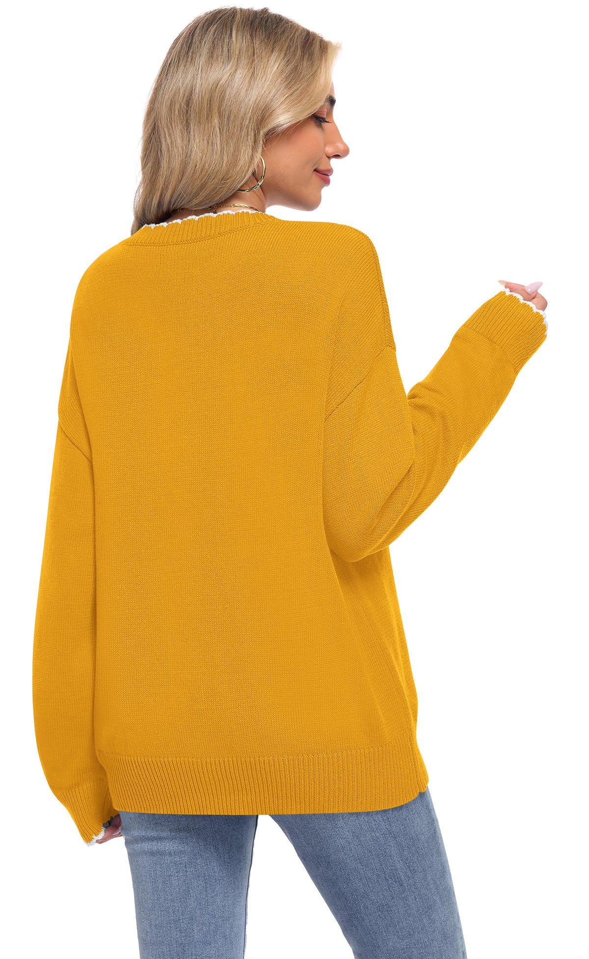 Back view of an AUSELILY mustard yellow long-sleeve sardine knit sweater